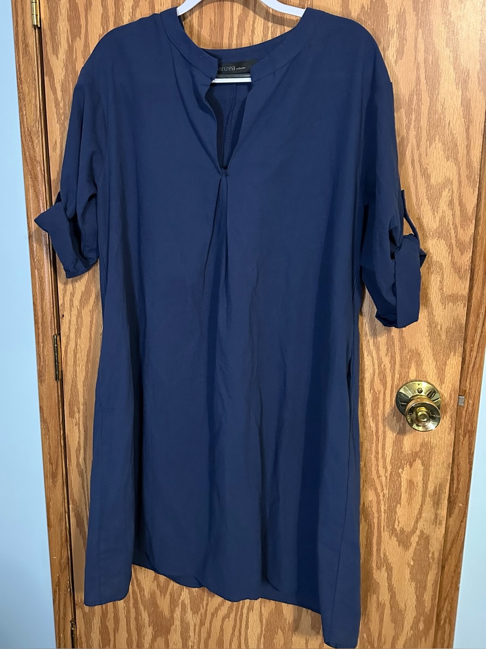 100% Cotton Zanzea Navy Blue Shift Dress with Split Neckline and Front Pleat